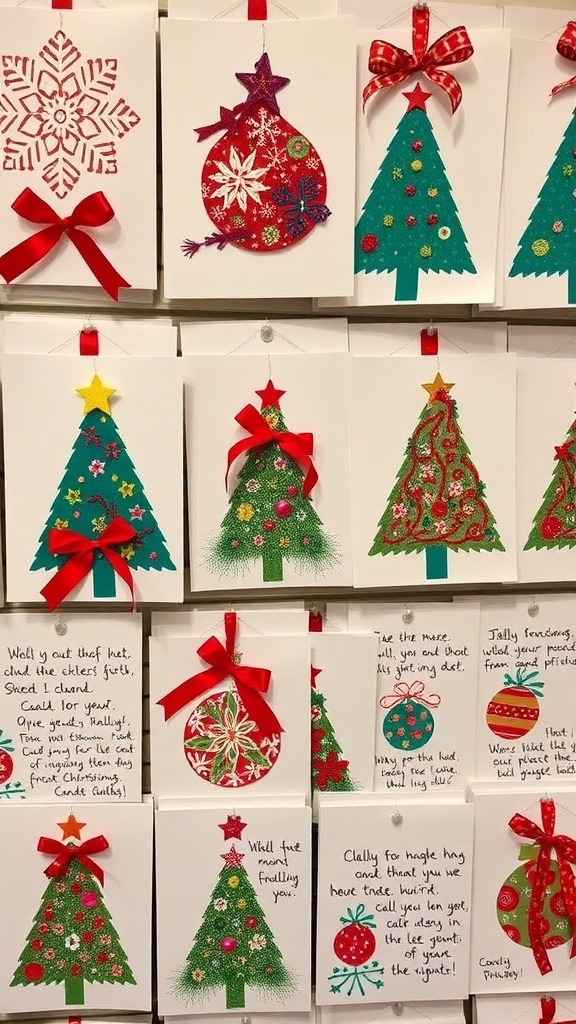 A collection of handmade Christmas cards with festive designs and handwritten messages.